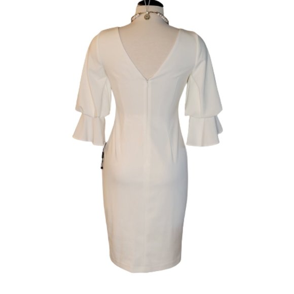 Calvin Klein Bell & Bubble Sleeve Fitted Sheath Dress Size 4 Wht Deep V-Back NWT - Picture 2 of 12